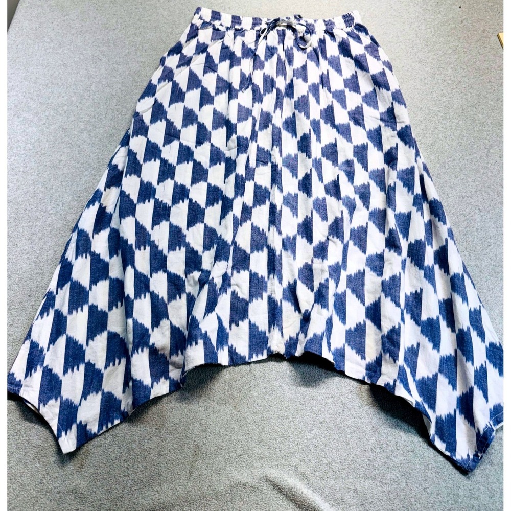 Blue White Ikat Wide Leg Palazzo Pants Women L Drawstring Boho Resort Lounge